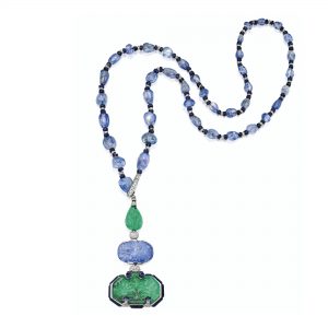 Lot 364 - “Elegant and Rare Platinum, Emerald, Sapphire, Lapis Lazuli and Diamond Pendant-Necklace