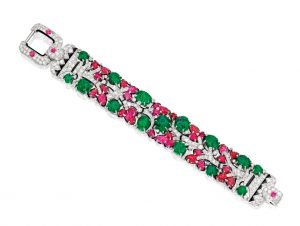 Lot 356 - Iconic Platinum, Emerald, Ruby, Diamond and Enamel Tutti-Frutti Bracelet, Cartier, New York