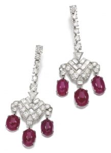 Lot 197 - Pair of Ruby and diamond Pendent Earrings, Cartier, circa 1932