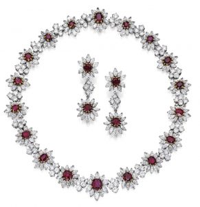 Lot 253 - The Necklace and Pair of Pendant Ear-Clips of the Suite of Platinum, Gold, Ruby and Diamond Jewelry