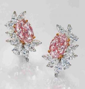 Lot 2074 - A CHARMING PAIR OF COLOURED DIAMOND AND DIAMOND EARRINGS