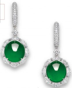 Lot 2064 - A RARE PAIR OF JADEITE AND DIAMOND EAR PENDANTS