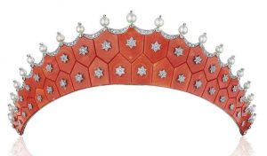 LOT 272 - AN EXQUISITE CORAL, DIAMOND AND PEARL TIARA, BY CARTIER