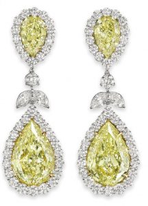 LOT 114 - AN IMPRESSIVE PAIR OF COLORED DIAMOND AND DIAMOND EAR PENDANTS, BY BULGARI