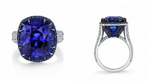 CLASSICAL 2ND PLACE. NIVEET NAGPAL, PLATINUM AND BLACK RHODIUM RING SET WITH 20.03 CT. CUSHION-CUT BLUE SAPPHIRE