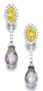 LOT 1849 - FINE PAIR OF NATURAL PEARL, FANCY VIVID YELLOW DIAMOND AND DIAMOND PENDENT EAR CLIPS, HARRY WINSTON