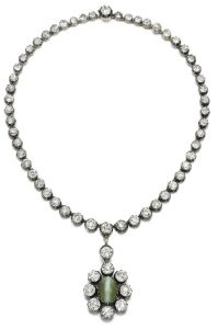 LOT 3 - DIAMOND AND CAT'S EYE CHRYSOBERYL PENDANT NECKLACE, SECOND HALF 19TH CENTURY
