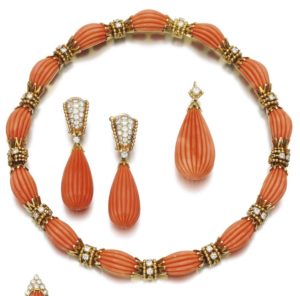 LOT 231 – CORAL AND DIAMOND DEMI-PARURE, VAN CLEEF & ARPELS