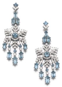 LOT 963 - PAIR OF AQUAMARINE AND DIAMOND PENDENT EARRINGS, FRANCESCO ROSA